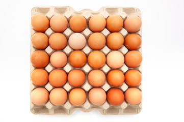 Palette mit braunen Eiern auf weissem Hintergrund