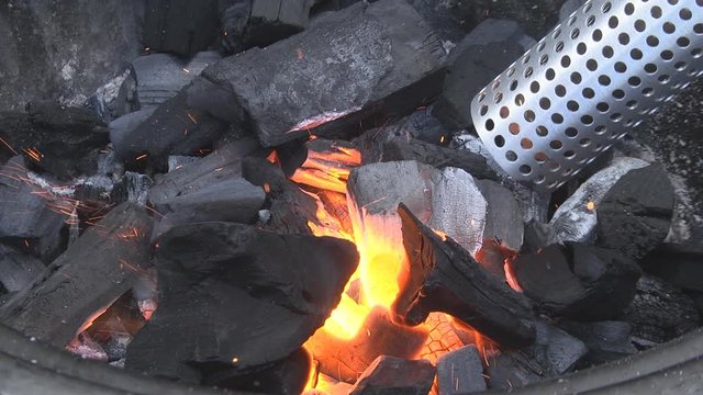 Kindling Of Charcoal In The Barbecue With An Electric Heat Gun Of High Temperature, A Stream Of Hot Air