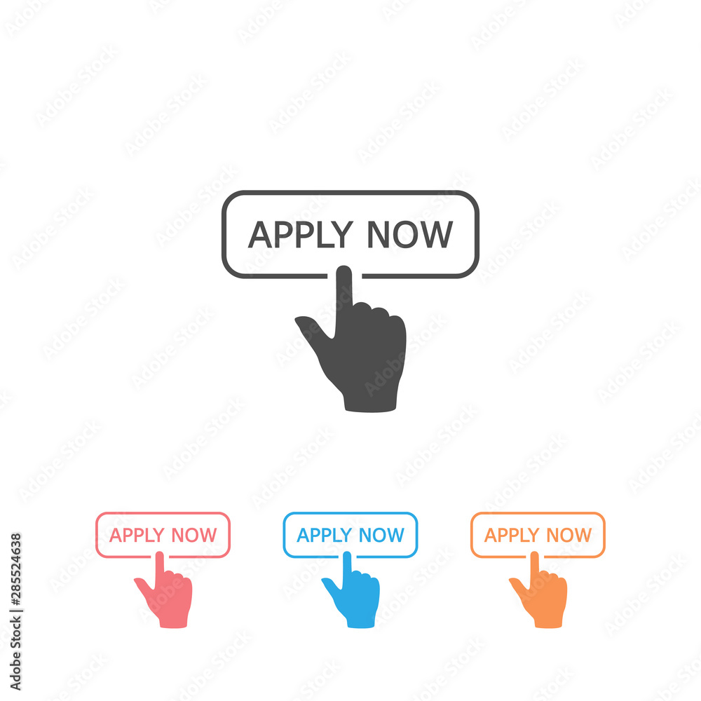 Poster apply now icon set in flat style. finger cursor vector illustration on white isolated background. cl