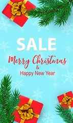 Fototapeta na wymiar Vector Merry Christmas Sale vertical banner design with realistic gift boxes, pine tree, snowflakes. Xmas Sale advertising design, special season offers. Christmas background promotion poster, stories