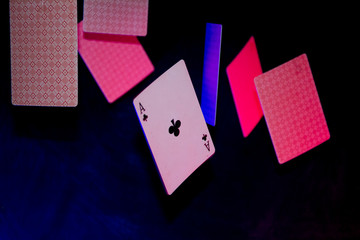 Playing cards fall down. Red blue light. Playing card ACE close-up.