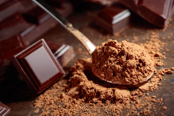 Broken  chocolate pieces and cocoa powder .