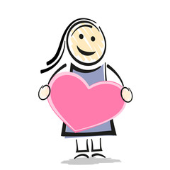 female stick figure character holding big pink heart vector illustration