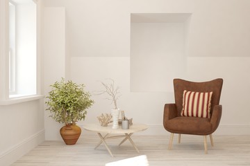 White room with armchair and winter landscape in window. Scandinavian interior design. 3D illustration