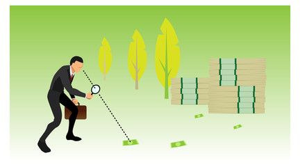 illustration of a businessman carrying bags and loops. identify traces of money.