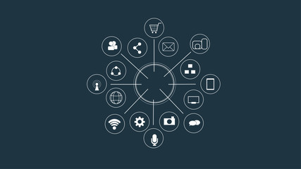 Concept of digital marketing media (website ad, email, social network, SEO, video, mobile app)