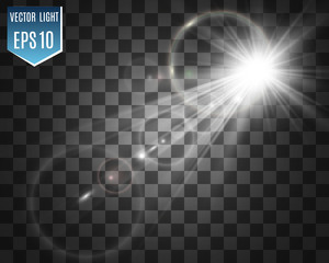 Special lens flash, light effect. The flash flashes rays and searchlight. illust.White glowing light. Beautiful star Light from the rays. The sun is backlit. Bright beautiful star. Sunlight. Glare.