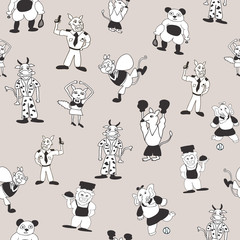 Vector grey cute black and white anthromorphic cartoon characters seamless pattern background