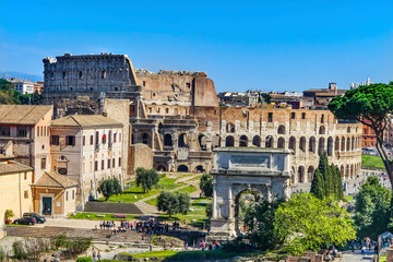 Fototapeta na wymiar Ancient Forum Titus Arch Roman Colosseum Rome Italy