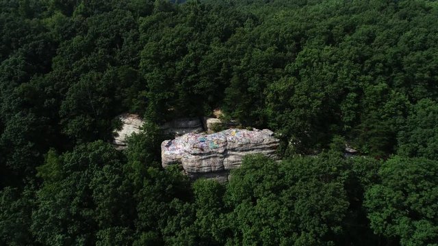 Graffiti Rock in rural landscape, aerial