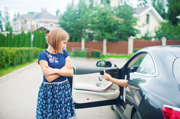 A strange dangerous man in car try to kidnap toddler lonely scared girl with candy