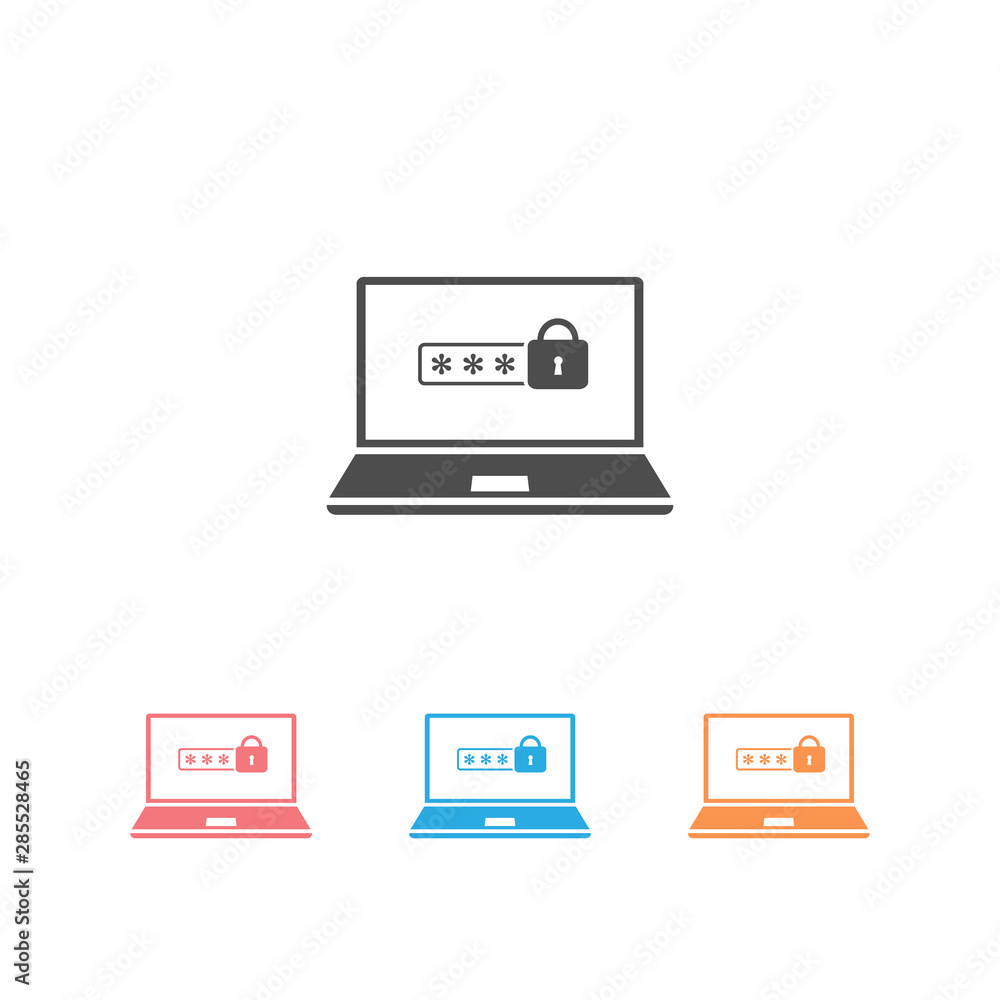 Poster laptop icon set with password notification and lock icon isolated. concept of security, personal acc