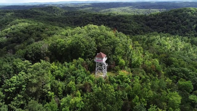 Aerial, Pinnacle Knob Fire Tower in woodland landscape