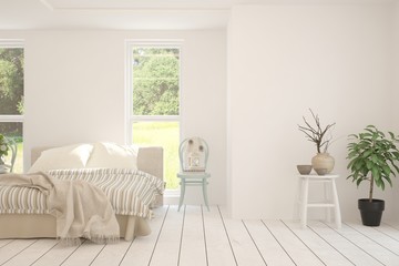 Stylish bedroom in white color with smmer landscape in window. Scandinavian interior design. 3D illustration