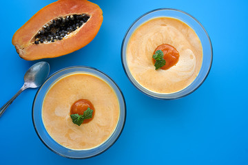 Homemade papaya mousse, homemade papaya syrup and mint leaves. Papaya Fruit