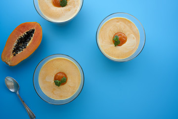Homemade papaya mousse, homemade papaya syrup and mint leaves. Papaya Fruit