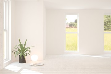 Stylish empty room in white color with summer landscape in window. Scandinavian interior design. 3D illustration