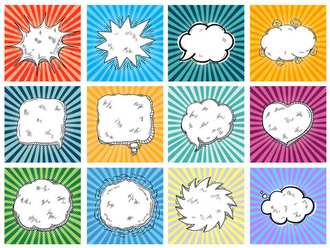 A Set if comic bubbles on explosion background vector. Thought bubble doodle collection in pop art retro style.