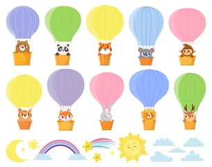 Fotobehang Dieren in luchtballon Schattige kinderen dieren in heteluchtballonnen. Verschillende elementen voor ontwerp. Hert, konijn, vos, kat, koala, panda, leeuw, tijger, beer, aap. vector illustratie