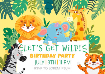 Naklejka premium Birthday greeting cards with cute animals. Funny Jungle party. Template invitation. Vector illustration