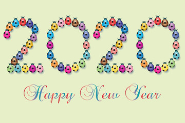 New year calendar cover with best wishes for the new year 2020 written with multicolored ladybirds