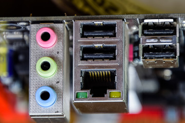 input and audio inputs Electronic board with electrical components. Electronics of computer...