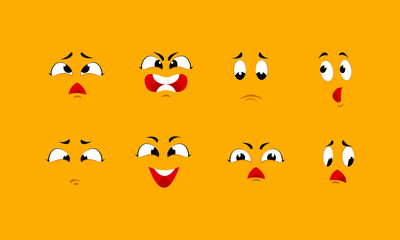 Funny cartoon faces. Angry character expressions eyes doodle crazy mouth fun sketch weird comic. Vector cartoons expression