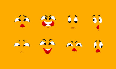 Funny cartoon faces. Angry character expressions eyes doodle crazy mouth fun sketch weird comic. Vector cartoons expression