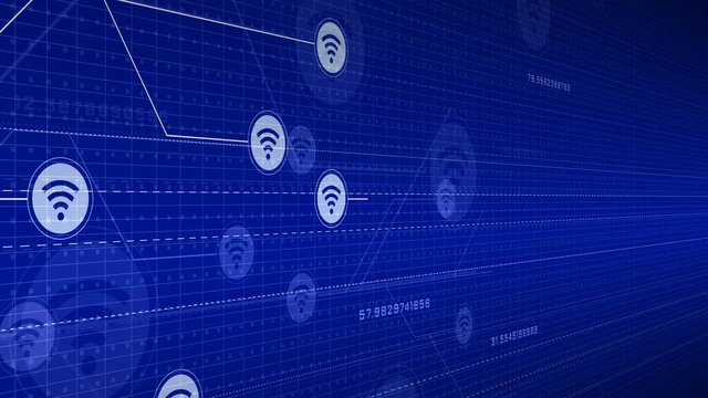 Digital Blue Interface with WIFI icons and links growing. Data protection and cyberspace media environment concept. Seamless loopable background.