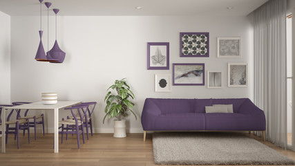 Warm and confortable colored white and violet living room with dining table, sofa and fur carpet, potted plant and parquet floor, contemporary architecture interior design