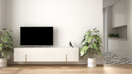 Modern white minimalist living room with small kitchen, parquet floor, tv cabinet, potted plant. Scandinavian colored tiles and decors, architecture interior design concept idea