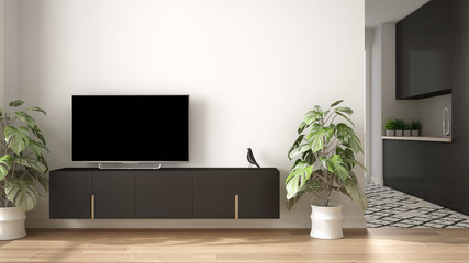 Modern white and gray minimalist living room with small kitchen, parquet floor, tv cabinet, potted plant. Scandinavian colored tiles and decors, architecture interior design concept