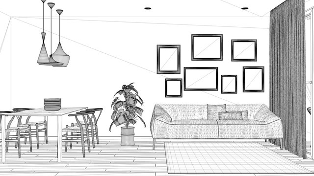 Blueprint project draft, warm and confortable scandinavian living room with dining table, sofa and fur carpet, potted plant and parquet floor, modern architecture concept idea