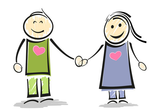 smiling stick figure couple holding hands vector illustration