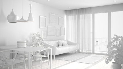 Total white project draft of warm and confortable colored white living room with dining table, sofa and fur carpet, potted plant and parquet, architecture interior design