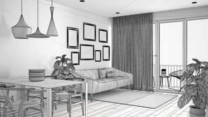 Unfinished project of warm and confortable colored whiteliving room with dining table, sofa and fur carpet, potted plant and parquet, modern architecture concept idea