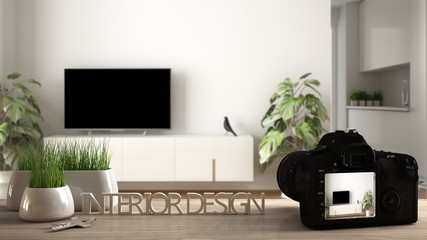 Architect photographer designer desktop concept, camera on wooden work desk with screen showing interior design project, blurred scene background, modern living room idea template
