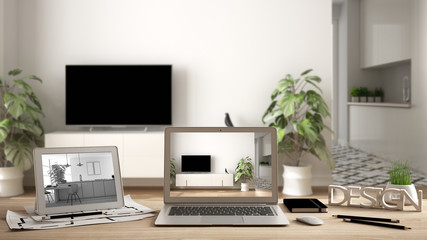 Architect designer desktop concept, laptop and tablet on wooden desk with screen showing interior design project and CAD sketch, blurred draft in the background, modern living room