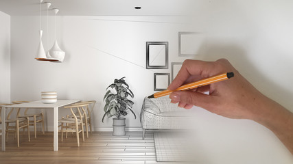 Architect interior designer concept: hand drawing a design interior project while the space becomes...
