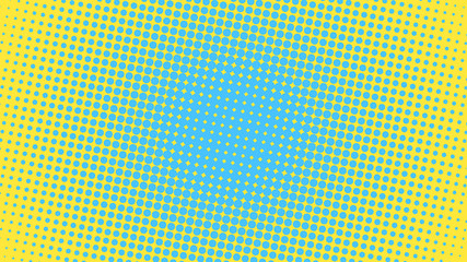 Blue and yellow retro comic pop art background with halftone dots design, vector illustration template