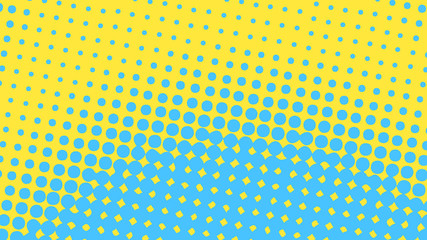 Blue and yellow pop art background in retro comic style with halftone dots, vector illustration of backdrop with isolated dots