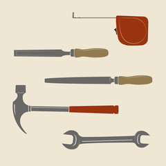 Construction tools icons. Roulette, chisel, file tool, wrench, hammer.