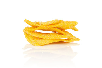 Group of five whole cheese tortilla chips isolated on white background