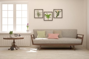 Stylish room in white color with sofa. Scandinavian interior design. 3D illustration