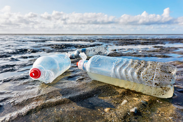 Plastic bottles with red bottle caps on a beach with blue sky at low tide. Concept of plastic pollution of the sea and marine life. Beat Plastic Pollution. 