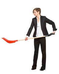 allegory. office worker, manager, tortured business woman with a shovel on a white background