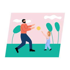 Cute pair of father and daughter spending time together - playing the ball. Happy fatherhood. Flat cartoon vector illustration
