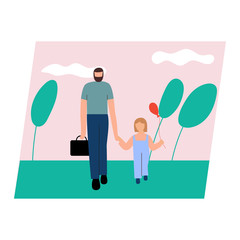 Cute pair of father and daughter spending time together - walking together. Happy fatherhood. Flat cartoon vector illustration