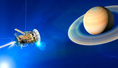 View of the planet Saturn with rings. Cassini probe in exploration around the planet. Solar system. 3d render. Element of this image is furnished by Nasa