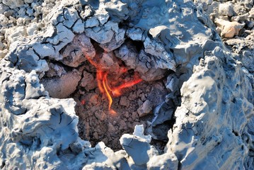 Natural gas fire blazing continuously on the mud volcanoes in Gobustan settlement of Azerbaijan near Baku